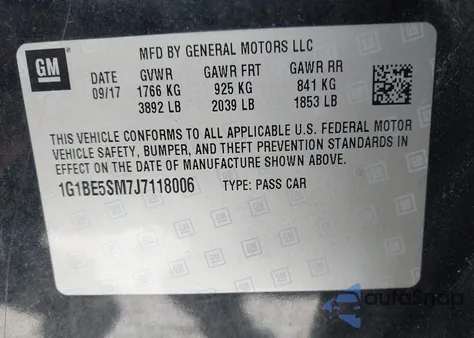 2018 Chevrolet Cruze Lt z USA, uszkodzony, nr VIN 1G1BE5SM7J7118006